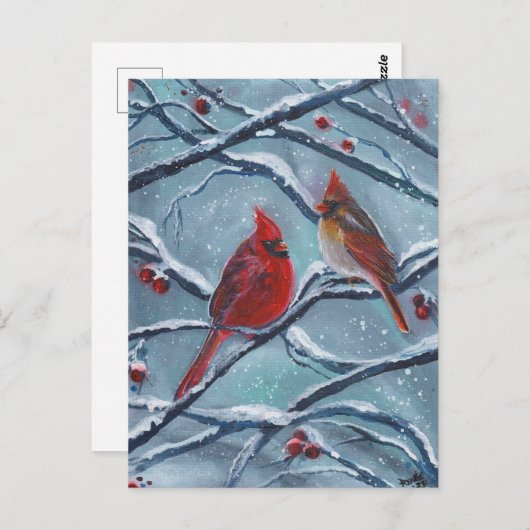 Carte Postale Les oiseaux cardinaux hiver par Renee Lavoie (Devant / Derrière)
