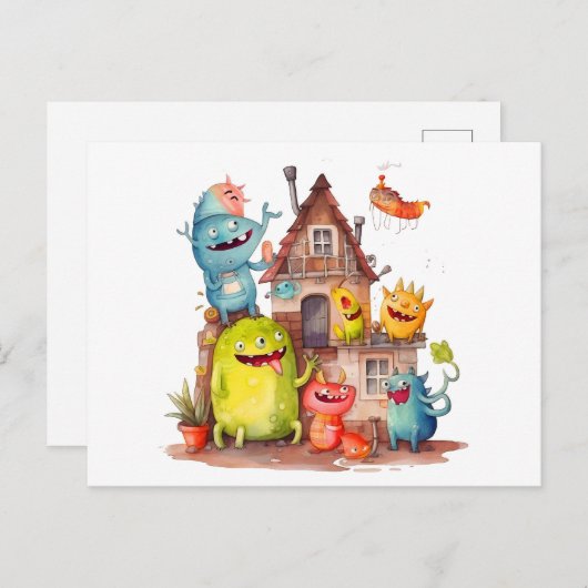 Carte Postale Les petits monstres construisent une maison. Fête (Devant / Derrière)