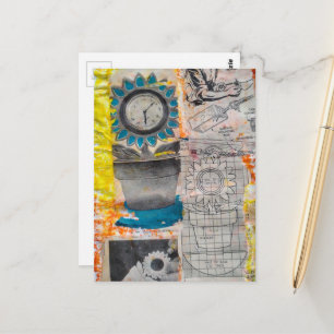 Carte Postale Les plans de l'horloge fleurie en collage de média