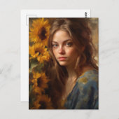 Carte Postale Les tournesols et une femme blonde (Devant / Derrière)