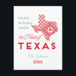 Carte Postale Les Voeux Chauds du Coeur du Texas<br><div class="desc">Accueil de vacances moderne du coeur Texas rouge, mousse de mer et design blanc Carte postale idéal pour rattraper et envoyer des mots aimables à des amis et à la famille pendant les vacances et montrer l'amour pour le Texas. Personnalisez votre nom de famille et votre année et partagez avec...</div>