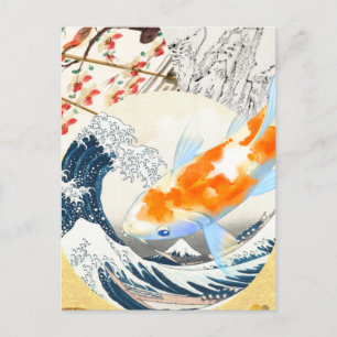 Carte Postale L'étang de Koi en or vintage de la culture japonai