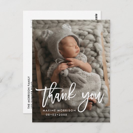 Carte Postale lettrage MERCI faire part de naissance (Devant / Derrière)