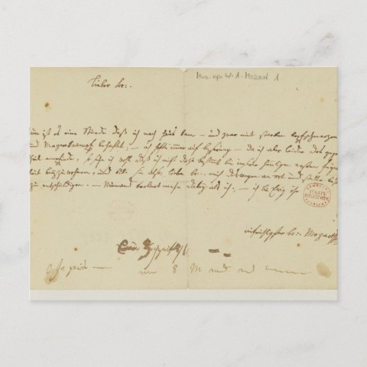 Carte Postale Lettre de Mozart à un franc-maçon, janvier 1786 (Devant)