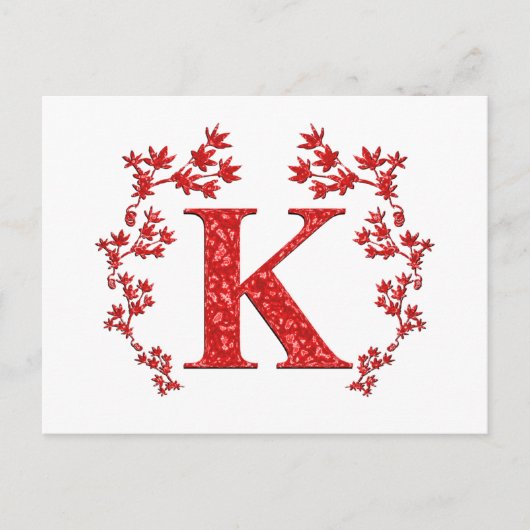 Carte Postale Lettre monogramme K Feuilles rouges (Devant)