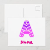 Carte Postale Lettre néon A Monogramme Violet Rose Clair Initial (Devant / Derrière)
