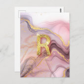 Carte Postale Lettre R Jolie fille Rose Parties scintillant or (Devant / Derrière)