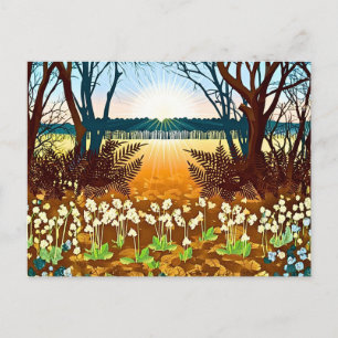 Carte Postale Lever de soleil forestier et fleurs sauvages