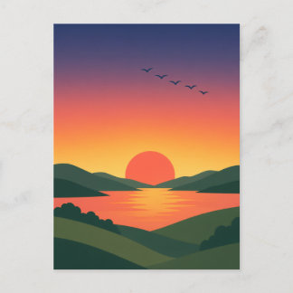 Carte Postale Lever de soleil sur un paysage lacustre aux collin