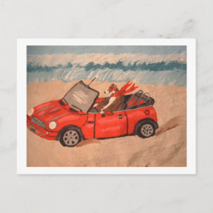 Carte Postale Lévrier en voiture décapotable rouge à la plage
