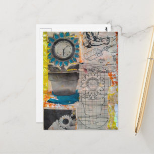 Carte Postale L'horloge fleurie Collage des loisirs vintage