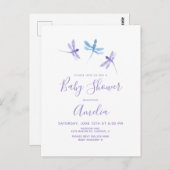 Carte Postale Libellule Aquarelle Fête Bébé Violet Bleu (Devant / Derrière)