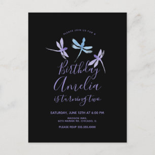 Carte Postale Libellule Aquarelle  Fête d'anniversaire Violet No