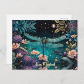 Carte Postale Libellule dans un jardin fleuri la nuit (Devant / Derrière)