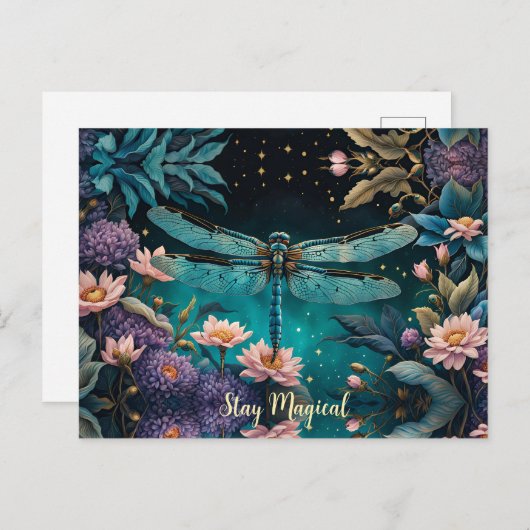 Carte Postale Libellule dans un jardin fleuri la nuit (Devant / Derrière)