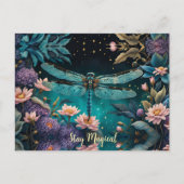 Carte Postale Libellule dans un jardin fleuri la nuit (Devant)