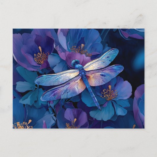 Carte Postale Libellule iridescente Fleurs colorées (Devant)
