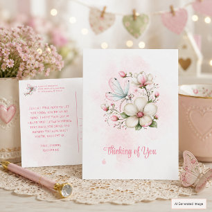 Carte Postale Libellule Rose Fantaisiste & Fleur Pensée pour Toi