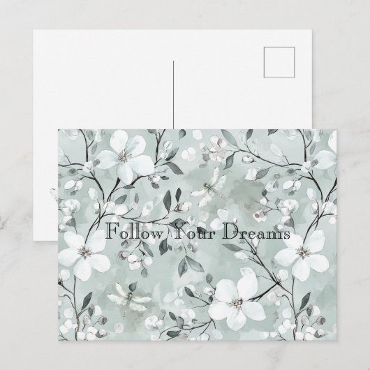Carte Postale Libellules Florales Bleu Blanc (Devant / Derrière)