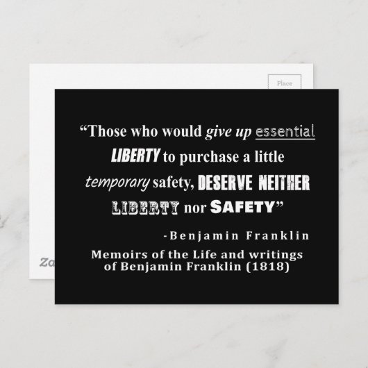 Carte Postale Liberté et sécurité Benjamin Franklin Citation bla (Devant / Derrière)