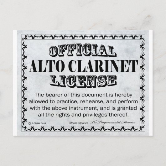 Carte Postale Licence Alto Clarinet (Devant)