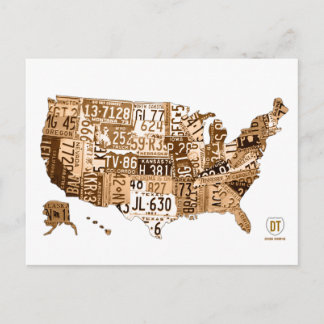 Carte Postale License Plate Map of the USA Sepia Postcard