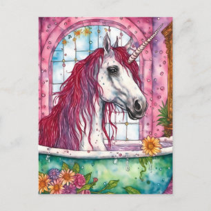 Carte Postale Licorne adorable à crinière rose aquarelle au bain