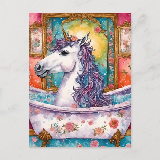 Carte Postale Licorne adorable dans le bain (Devant)