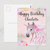 Carte Postale Licorne Anniversaire Rose Turquoise Fleurs Nom Per (Devant / Derrière)