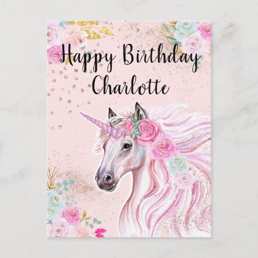 Carte Postale Licorne Anniversaire Rose Turquoise Fleurs Nom Per (Devant)