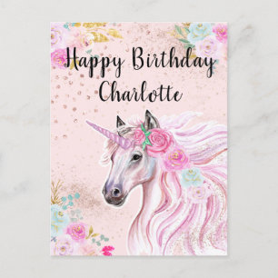 Carte Postale Licorne Anniversaire Rose Turquoise Floral Nom Per