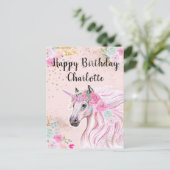 Carte Postale Licorne Anniversaire Rose Turquoise Floral Nom Per (Debout devant)