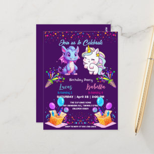 Carte Postale Licorne arc-en-ciel rose mignonne dinosaures 2e an