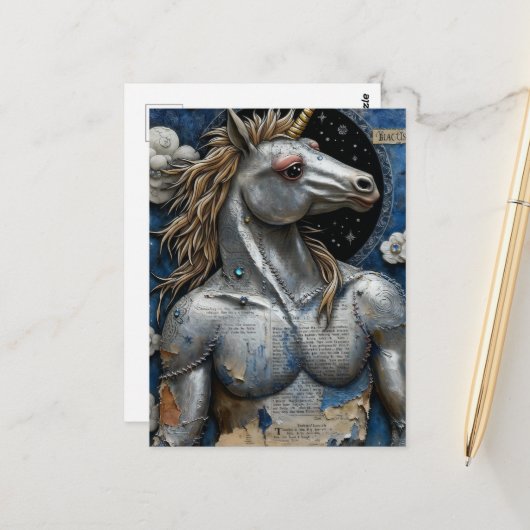 Carte Postale Licorne Argentée Avec Muscles Collage (Devant/Arrière en situation)