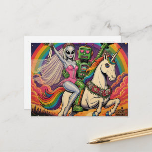 Carte Postale Licorne avec une mariée extraterrestre et un marié