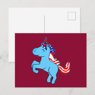 Carte Postale Licorne Bleue Drapeau Patriotique USA Crinière Des