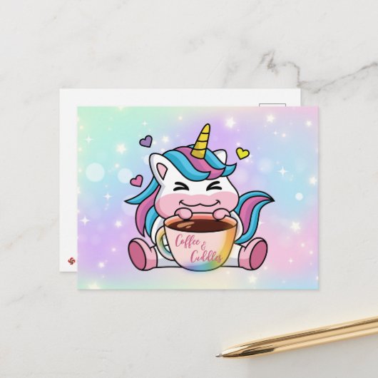 Carte Postale Licorne Café et Câlins (Devant/Arrière en situation)