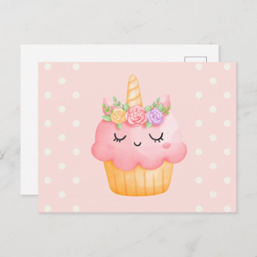 Carte Postale Licorne Cupcake Rose Pink Mignonne (Devant / Derrière)
