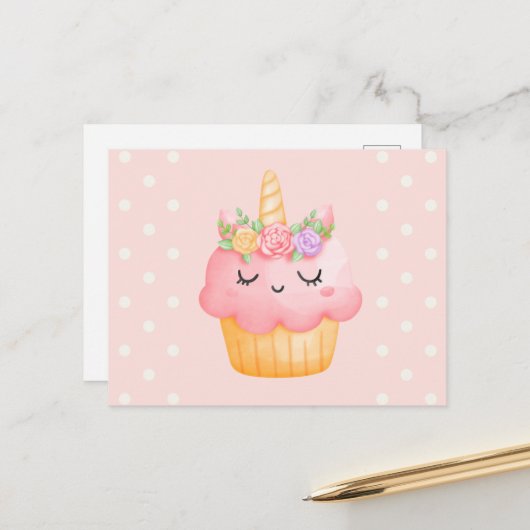 Carte Postale Licorne Cupcake Rose Pink Mignonne (Devant/Arrière en situation)