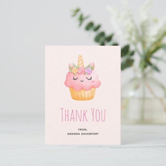 Carte Postale Licorne Cupcake Rose Rose Merci (Debout devant)