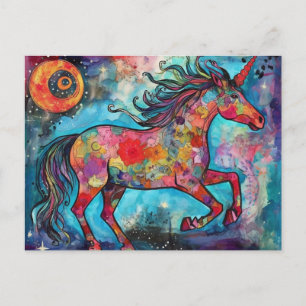 Carte Postale Licorne de pleine lune Collage floral