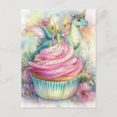 Carte Postale Licorne Dragon avec Cupcake et Fleurs (Devant)