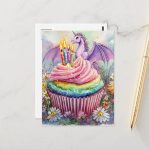 Carte Postale Licorne Dragon avec Cupcake et Fleurs