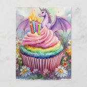 Carte Postale Licorne Dragon avec Cupcake et Fleurs (Devant)