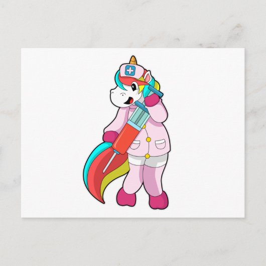 Carte Postale Licorne en infirmière à la vaccination & seringue (Devant)