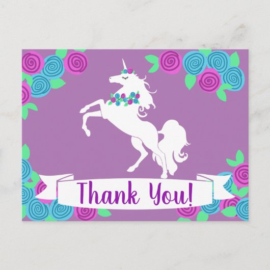 Carte Postale Licorne et fleurs girly florales Merci (Devant)