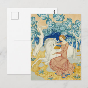 Carte Postale Licorne et jeune fille de la forêt bleue fantaisis
