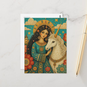 Carte Postale Licorne et une belle femme