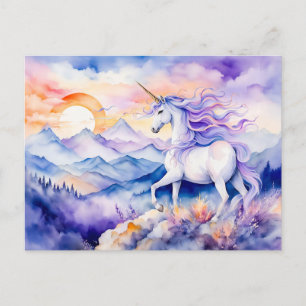 Carte Postale Licorne forte aquarelle Boho debout sur M brumeux