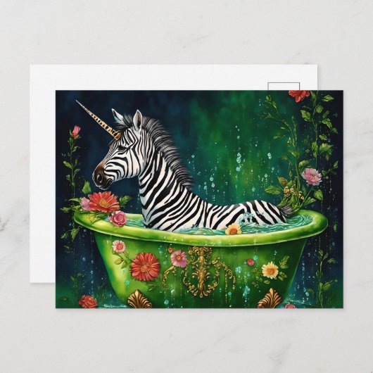 Carte Postale Licorne Fun Zèbre dans une Baignoire (Devant / Derrière)